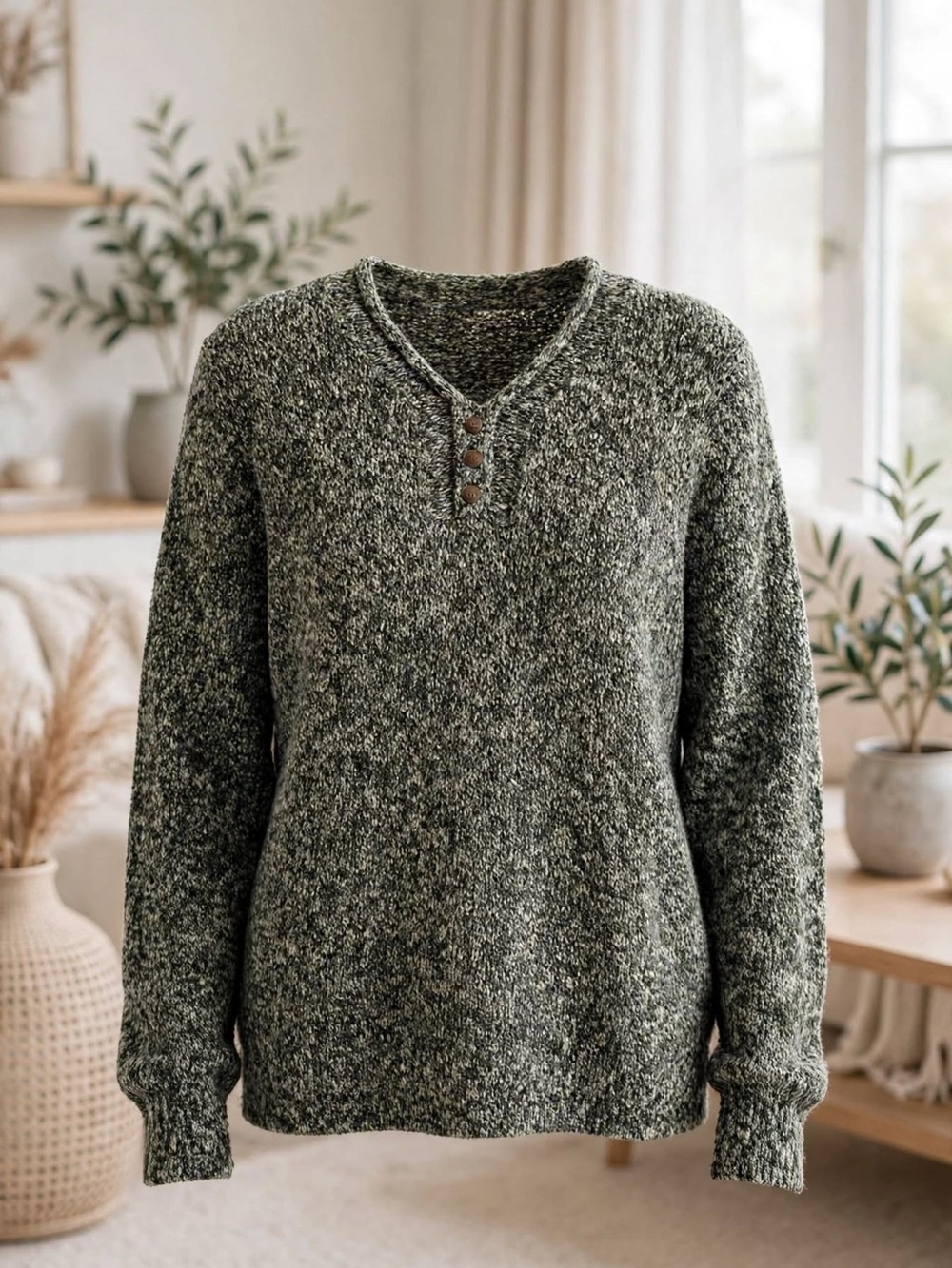 Women’s Green Heather Knit Henley Sweater
